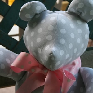 SWEET Handmade Teddy Bear, baby rag quilt. gray white polka dot, pink