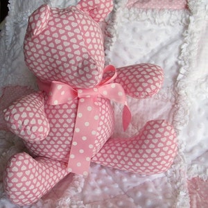 Handmade teddy bear, holiday bear,  pink, heart, polka dot, rag quilt, stuffed animal