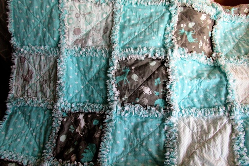 mint animals Baby girl rag quilt shabby chic polka dots