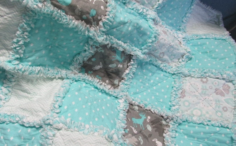 mint animals Baby girl rag quilt shabby chic polka dots