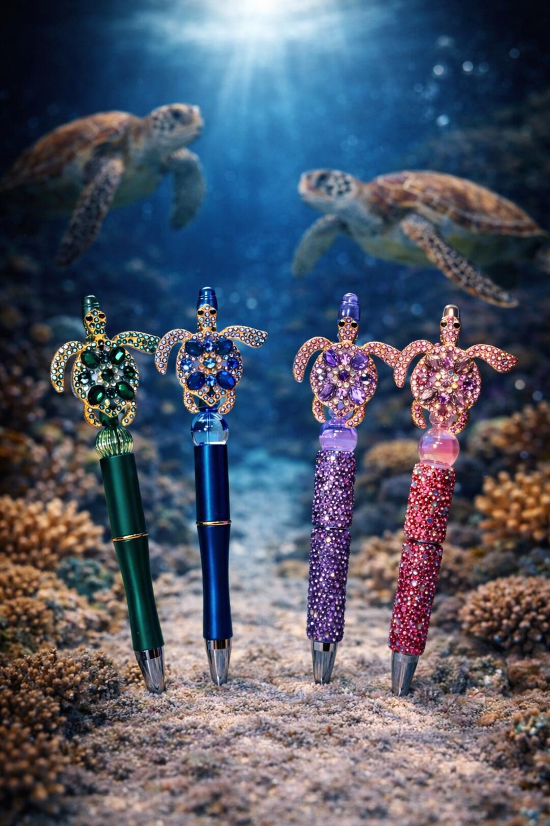 Turtle Rhinestone Pen Sea Turtle Rhinestone Beaded Pen, Crystal Ocean Desk Accessory, Coastal ...