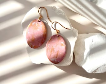 Handmade, Pink Patina, Painted, Polymer Clay Earrings, Gold Plated, Stainless Steel