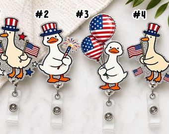 Divertente porta badge a forma di oca, porta badge patriottico a forma di anatra, porta badge in acrilico con bandiera americana, regalo per il 4 luglio