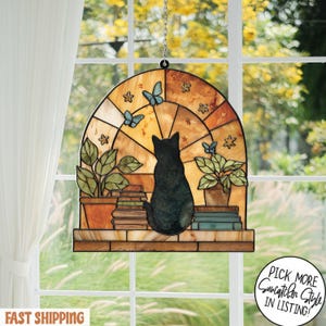 Schwarze Katze und Buch Acryl Suncatcher Fensterbehang, Buch Fenster Dekor, Buch Liebhaber Geschenk, Bücherwurm Ornament, Katzen Innen Dekor, Bibliothekar Geschenk