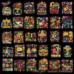 Paquete de más de 30 imágenes PNG del Cinco de Mayo, imágenes PNG de fiesta mexicana, imágenes PNG de fiesta, imágenes PNG de tequila mexicano, imágenes PNG de tacos, imágenes PNG de sombreros de nachos, descarga de diseños de sublimación