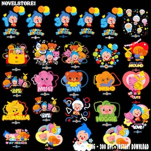 May include: A collection of colorful digital designs featuring cartoon characters, including clowns, bears, and cats. Designs include birthday greetings, character names, and phrases like "love is all around" and "my friends". The designs are set against a black background.
