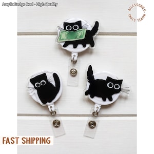 Cute Black Cat Badge Reel / Keychain /Pin,  Doctors, Teachers - Kawaii Kitten Badge Clip - Medical Student Stationaries