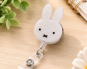 Cute Bunny Badge Reel, Minimalist Rabbit Badge Holder, Glitter Acrylic ID Badge Reel, Kawaii Bunny Retractable Badge, Nurse Gift