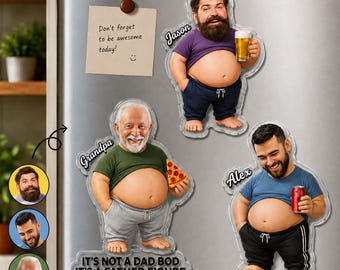 カスタムパパ体型お腹マグネット、パーソナライズされた写真入りスクイーズ冷蔵庫マグネット、パパ体型への面白い顔ギフト、父の日の夫へのギフト