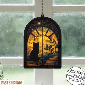 Schwarze Katze und Buch Acryl Suncatcher Fensterbehang, Buch Fenster Dekor, Buch Liebhaber Geschenk, Bücherwurm Ornament, Katzen Innen Dekor, Bibliothekar Geschenk