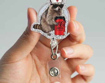 Raccoon Nurse Badge Reel, Funny Coke Zero Badge Holder, Cute Trash Panda ID Reel, Acrylic Retractable Badge, RN CNA Nurse Gift