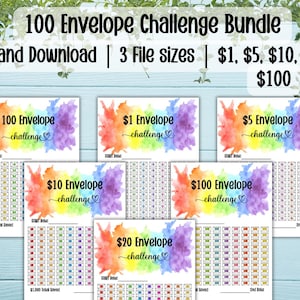 May include: A bundle of printable 100 Envelope Challenge sheets. Each sheet features a colorful watercolor design and a savings tracker. The text includes "100 Envelope Challenge Bundle" and various dollar amounts.