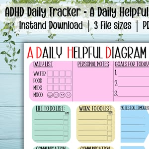 May include: A printable daily planner with sections for a daily list, personal notes, goals for today, life to do list, work to do list, and notes for tomorrow. The planner has a pink, yellow, blue, and green color scheme.
