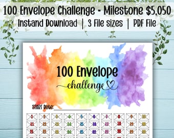 Op de afbeelding: Een printbare 100-envelop-uitdagingstracker met een regenboog-aquarel achtergrond. De tracker heeft een ruimte om de startdatum te schrijven en bevat genummerde enveloppen van 1 tot 100.