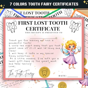 Certificat première dent, lettre de fée des dents, reçu de fée des dents, note de fée des dents, téléchargement imprimable première dent, carte de lettre de fée des dents