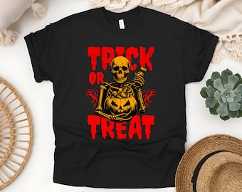 Halloween Trick or Treat Shirt, Cute Skeleton Shirt, Retro Skeleton Halloween Tee, Women's Halloween Shirt, Spooky Season Unisex T-Shirt