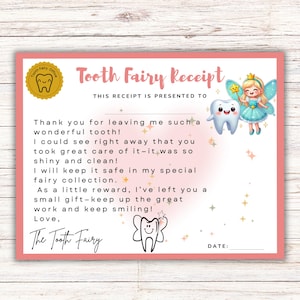 Lettre de fée des dents, reçu de fée des dents, note de fée des dents, première carte imprimable lettre de fée des dents, certificat de première dent à télécharger