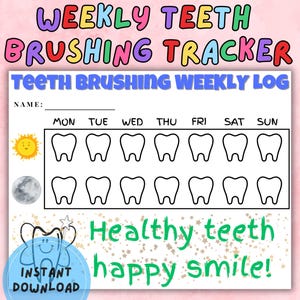 Registro de cepillado de dientes para niños, tabla semanal de cepillado de dientes, registro de hábitos de higiene dental, página de diario imprimible, regalo para el cuidado dental