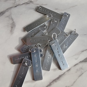 Puede incluir: Un conjunto de etiquetas rectangulares de metal plateado con letras estampadas. Cada etiqueta tiene un pequeño agujero en la parte superior con un anillo de metal. Las etiquetas muestran palabras como "Daddy", "Kink" y "Sapphic". El fondo es una superficie de mármol gris claro y blanco.