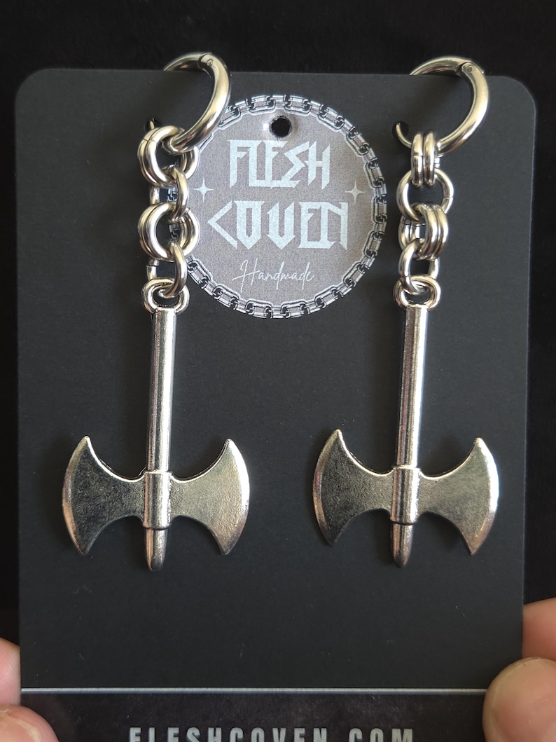 Medieval Axe Chainmail Earrings, Stainless Steel Goth Punk Battle Axe Pendant image 2