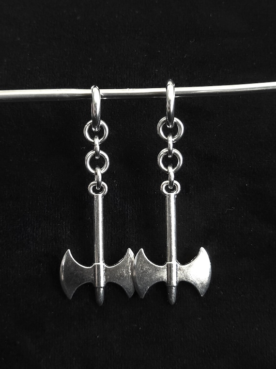 Medieval Axe Chainmail Earrings, Stainless Steel Goth Punk Battle Axe Pendant