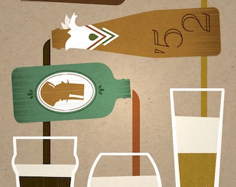 May include: Illustration of beer bottles pouring into glasses. The bottles are brown, green, and tan, with various label designs. The glasses are filled with dark, amber, and light-colored beer. The background is a tan color.