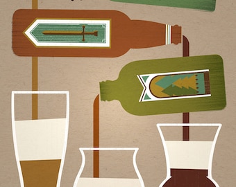 May include: Illustration of beer bottles pouring into three different glasses. The bottles are green and brown with decorative labels. The glasses are filled with varying shades of brown and white liquids, suggesting different types of beer. The background is a neutral tan color.