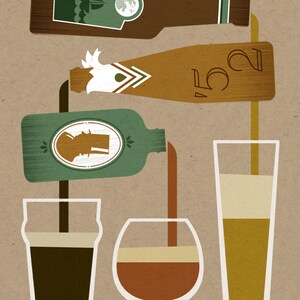 May include: Illustration of beer bottles pouring into different glasses. The bottles have labels with nautical and abstract designs. The glasses are filled with various shades of beer, from dark brown to light gold.