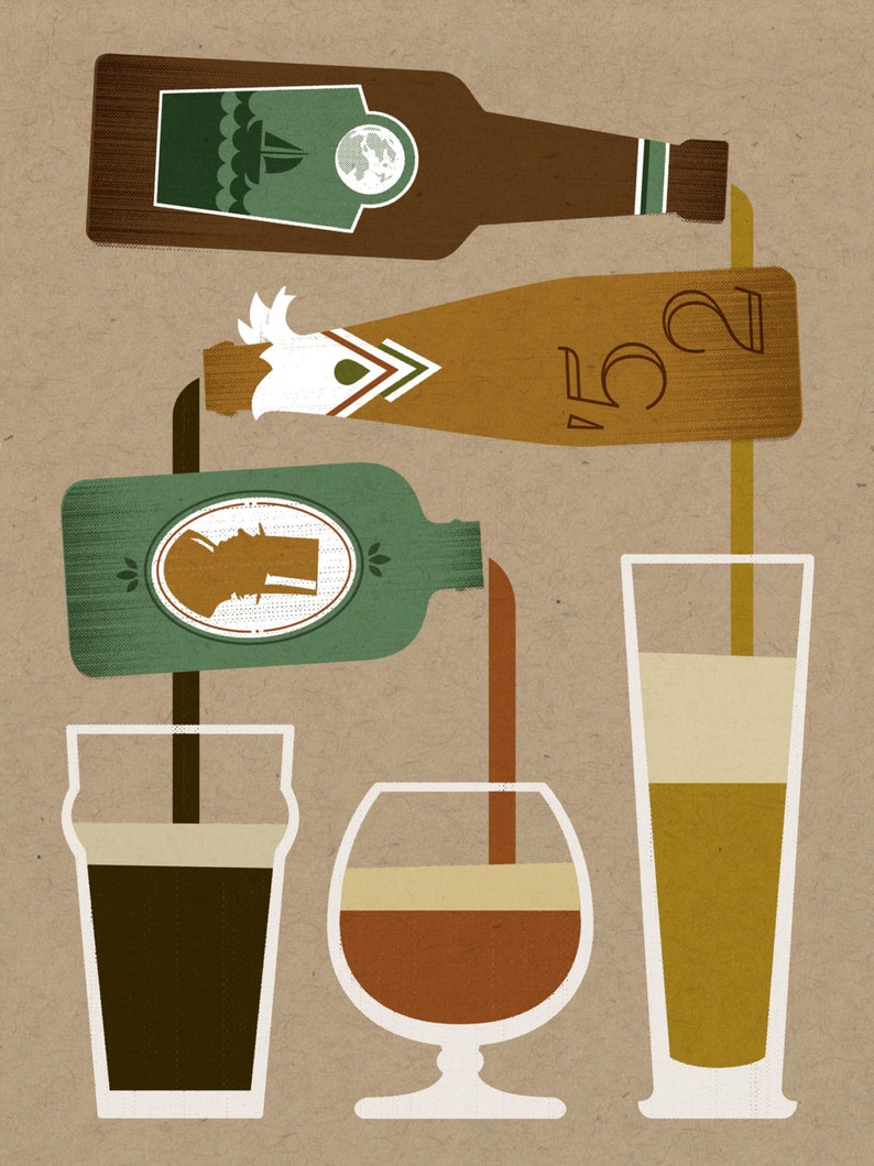 May include: Illustration of beer bottles pouring into different glasses. The bottles have labels with nautical and abstract designs. The glasses are filled with various shades of beer, from dark brown to light gold.