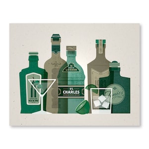 May include: Illustration of various liquor bottles, a martini glass with olives, and a cocktail glass with ice and a lime wedge. The bottles include "Empire Gin", "The Spirit of London", and "St. Charles". The overall color scheme is green, brown, and white.