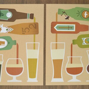 May include: Two art prints depicting beer bottles pouring into glasses. The bottles are brown and green with various label designs. The glasses are different shapes and sizes, filled with beer of varying colors, on a tan background.