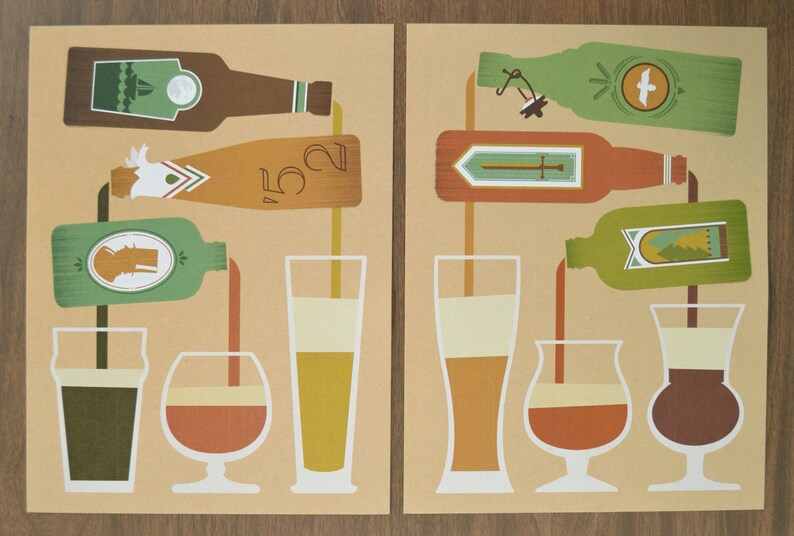 May include: Two art prints depicting beer bottles pouring into glasses. The bottles are brown and green with various label designs. The glasses are different shapes and sizes, filled with beer of varying colors, on a tan background.
