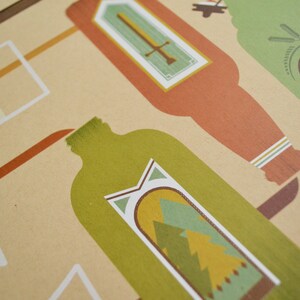 May include: Illustration of several stylized bottles in shades of green and orange, with decorative labels. One label features a sword, another a bird, and another a mountain and tree design. The background is a light tan color.