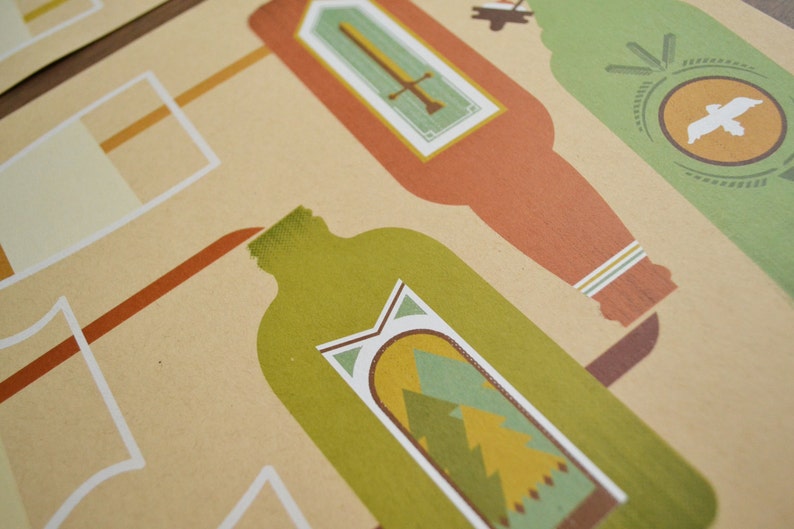 May include: Illustration of several stylized bottles in shades of green and orange, with decorative labels. One label features a sword, another a bird, and another a mountain and tree design. The background is a light tan color.