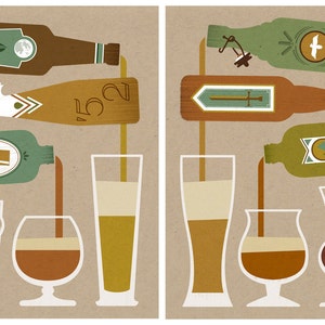 May include: Illustration of beer bottles pouring into glasses. The bottles have decorative labels with images of a moon, a bird, a sword, and a mountain scene. The beer colors range from dark brown to light yellow.