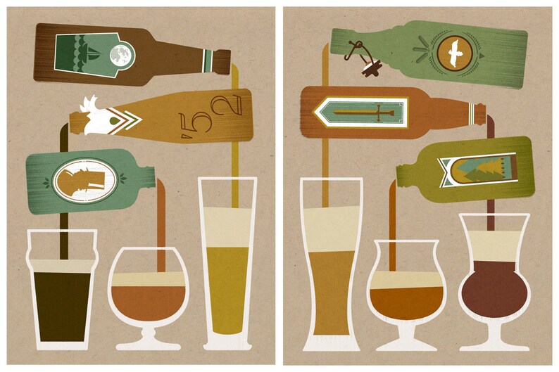 May include: Illustration of beer bottles pouring into glasses. The bottles have decorative labels with images of a moon, a bird, a sword, and a mountain scene. The beer colors range from dark brown to light yellow.