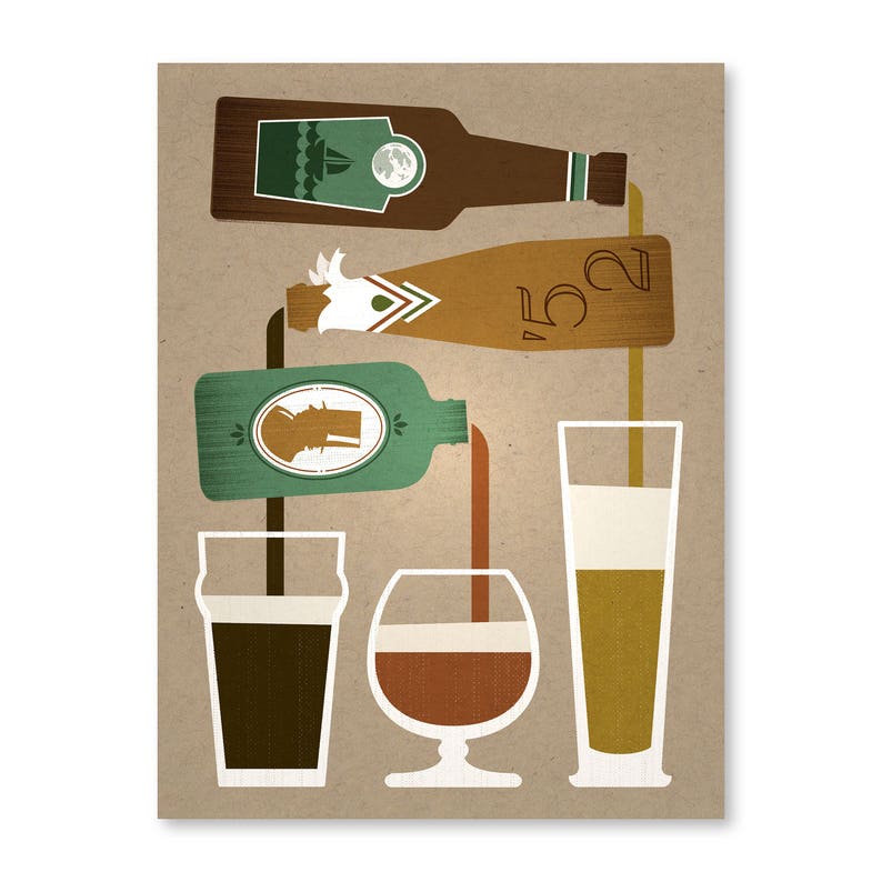 May include: Illustration of beer bottles pouring into glasses. The bottles are brown, green, and tan, with various label designs. The glasses are filled with dark, amber, and light-colored beer. The background is a tan color.