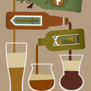 May include: Illustration of beer bottles pouring into three different glasses. The bottles are green and brown with decorative labels. The glasses are filled with layers of light and dark brown liquids, suggesting different types of beer.