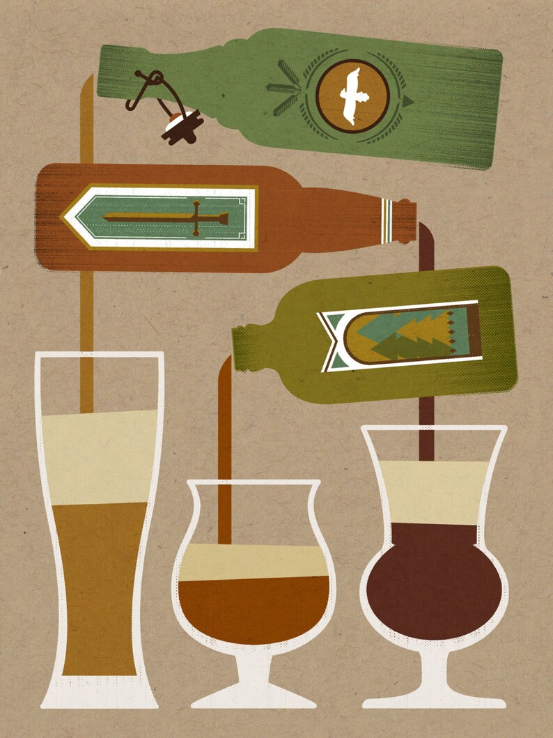 May include: Illustration of beer bottles pouring into three different glasses. The bottles are green and brown with decorative labels. The glasses are filled with layers of light and dark brown liquids, suggesting different types of beer.