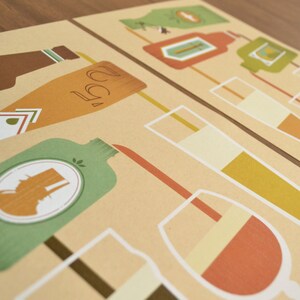May include: Two art prints featuring stylized illustrations of various alcoholic beverages. The prints showcase bottles, glasses, and other drinkware in shades of brown, green, orange, and white against a beige background. The designs have a retro, vintage aesthetic.