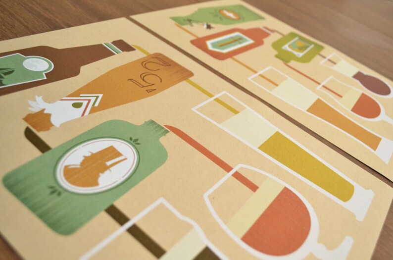 May include: Two art prints featuring stylized illustrations of various alcoholic beverages. The prints showcase bottles, glasses, and other drinkware in shades of brown, green, orange, and white against a beige background. The designs have a retro, vintage aesthetic.