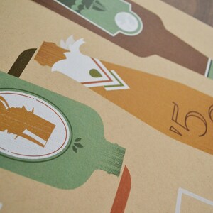 May include: Illustration of three stylized bottles in brown, green, and tan, with decorative labels and the number "52". The bottles are arranged diagonally on a tan background, suggesting a vintage or retro theme.
