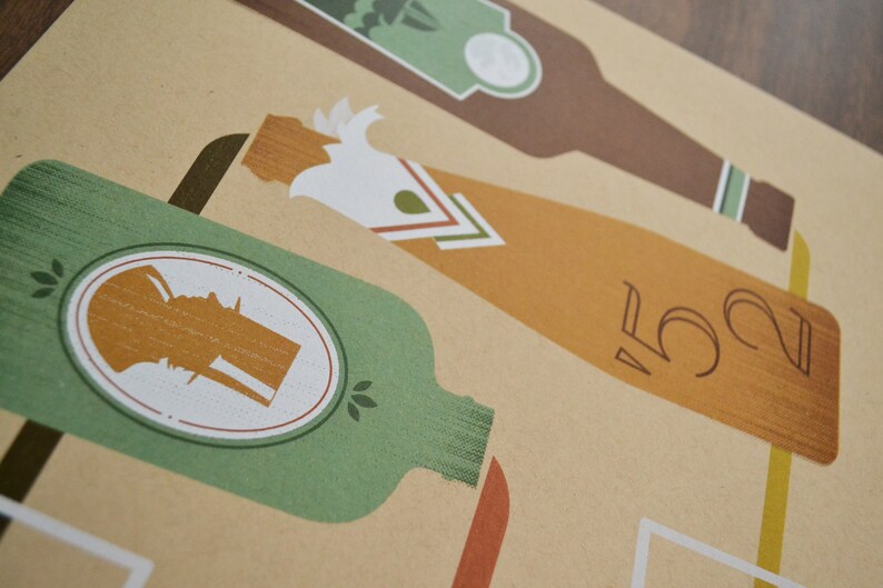 May include: Illustration of three stylized bottles in brown, green, and tan, with decorative labels and the number "52". The bottles are arranged diagonally on a tan background, suggesting a vintage or retro theme.