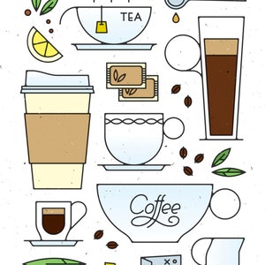 May include: An illustrated graphic of coffee and tea elements. Includes a cup of tea with the word "TEA", a coffee cup with the word "Coffee", a to-go coffee cup, coffee beans, a spoon, and a glass of coffee.