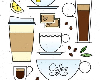 May include: An illustrated graphic of coffee and tea elements. Includes a cup of tea with the word "TEA", a coffee cup with the word "Coffee", a to-go coffee cup, coffee beans, a spoon, and a glass of coffee.