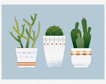 May include: Illustration of three potted cacti on a light blue background. The cacti are green, with one round, one tall and slender, and one with multiple stems. The pots are white with orange and brown decorative bands.