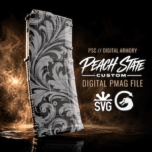 May include: A black firearm magazine featuring a detailed white filigree scroll pattern. The text reads PSC // DIGITAL ARMORY PEACH STATE CUSTOM DIGITAL PMAG FILE, accompanied by SVG and dragon icons, presented as a digital design file.