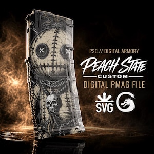 May include: A black rifle magazine featuring a detailed graphic of a stitched voodoo doll with button eyes and a small skull pendant. The text reads PSC // DIGITAL ARMORY PEACH STATE CUSTOM DIGITAL PMAG FILE, accompanied by SVG and dragon icons.