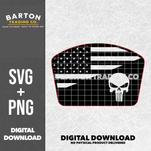 May include: Digital download graphic featuring an American flag design with a skull and crossbones. The image includes the text "SVG + PNG" and "DIGITAL DOWNLOAD". The Barton Trading Co. logo is also visible.