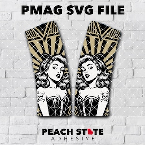 May include: Two black and white graphic designs featuring a vintage pin-up girl with a skull tattoo, set against a gold and black geometric background. The text "PMAG SVG FILE" and "PEACH STATE ADHESIVE" are displayed.